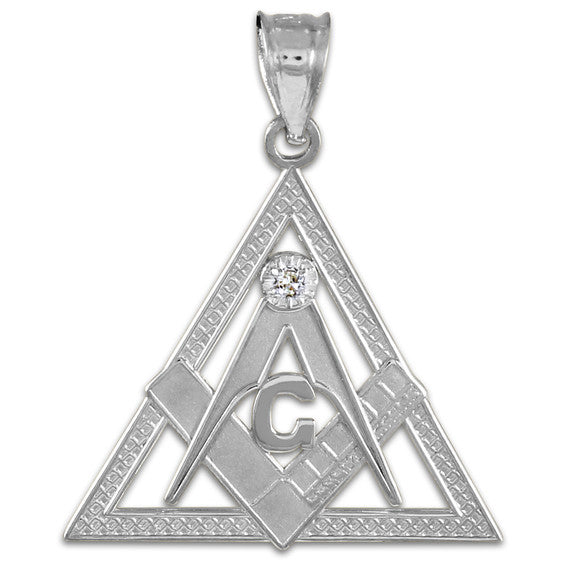 925 Sterling Silver Freemason Square & Compass CZ Eye Of Providence Triangle Pendant Necklace