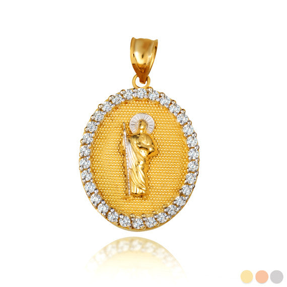 Two-Tone Gold Saint Jude Cubic Zirconia Oval Halo Beaded Medallion Pendant Necklace (Available in Yellow/Rose/White Gold)