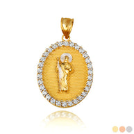 Two-Tone Gold Saint Jude Cubic Zirconia Oval Halo Beaded Medallion Pendant Necklace (Available in Yellow/Rose/White Gold)