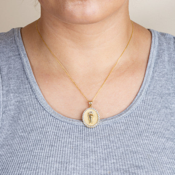 Two-Tone Gold Saint Jude Cubic Zirconia Oval Halo Beaded Medallion Pendant Necklace (Available in Yellow/Rose/White Gold)