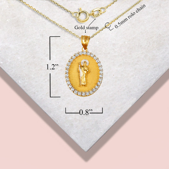 Two-Tone Gold Saint Jude Cubic Zirconia Oval Halo Beaded Medallion Pendant Necklace (Available in Yellow/Rose/White Gold)