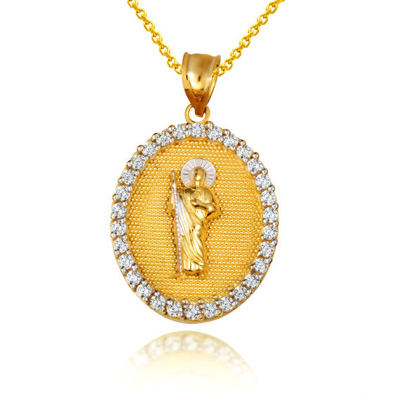 Two-Tone Gold Saint Jude Cubic Zirconia Oval Halo Beaded Medallion Pendant Necklace (Available in Yellow/Rose/White Gold)