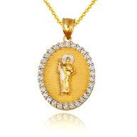 Two-Tone Gold Saint Jude Cubic Zirconia Oval Halo Beaded Medallion Pendant Necklace (Available in Yellow/Rose/White Gold)
