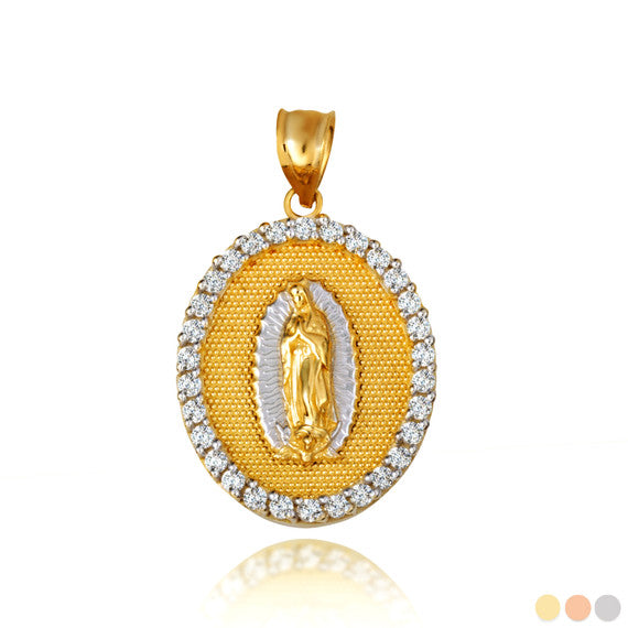 Solid Gold Two-Tone Lady Of Guadalupe Cubic Zirconia Oval Halo Beaded Medallion Pendant Necklace (Available in Yellow/Rose/White Gold)