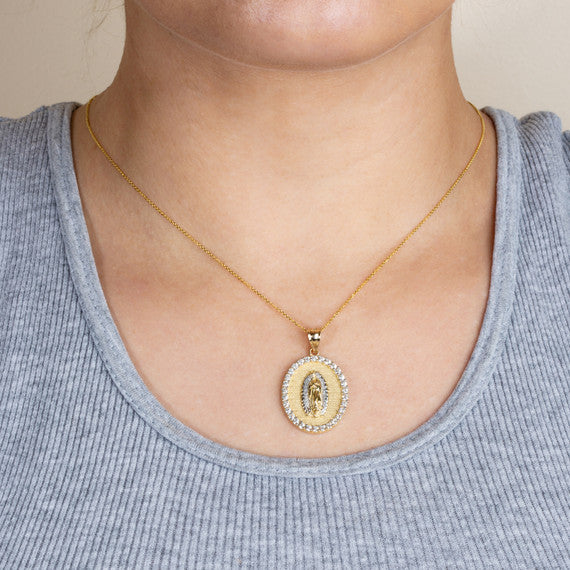 Solid Gold Two-Tone Lady Of Guadalupe Cubic Zirconia Oval Halo Beaded Medallion Pendant Necklace (Available in Yellow/Rose/White Gold)