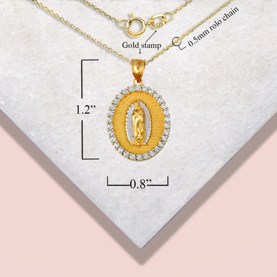 Solid Gold Two-Tone Lady Of Guadalupe Cubic Zirconia Oval Halo Beaded Medallion Pendant Necklace (Available in Yellow/Rose/White Gold)