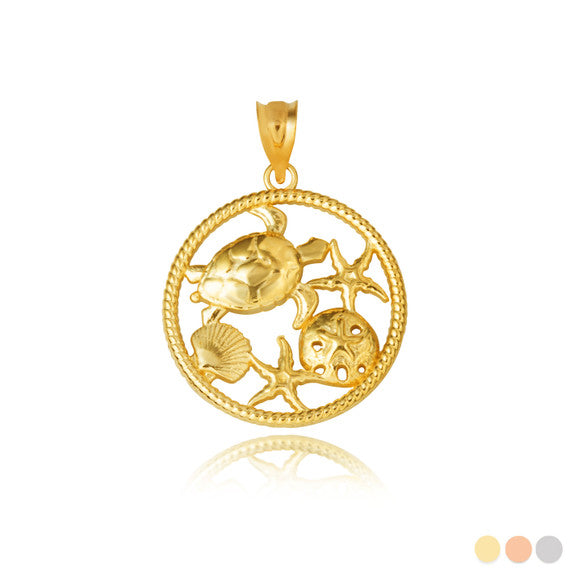 Gold Sea Shell Turtle & Starfish Marine Life Rope Pendant Necklace (Available in Yellow/Rose/White Gold)