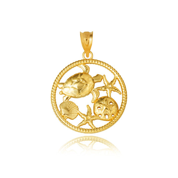 Gold Sea Shell Turtle & Starfish Marine Life Rope Pendant Necklace (Available in Yellow/Rose/White Gold)