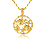 Gold Sea Shell Turtle & Starfish Marine Life Rope Pendant Necklace (Available in Yellow/Rose/White Gold)
