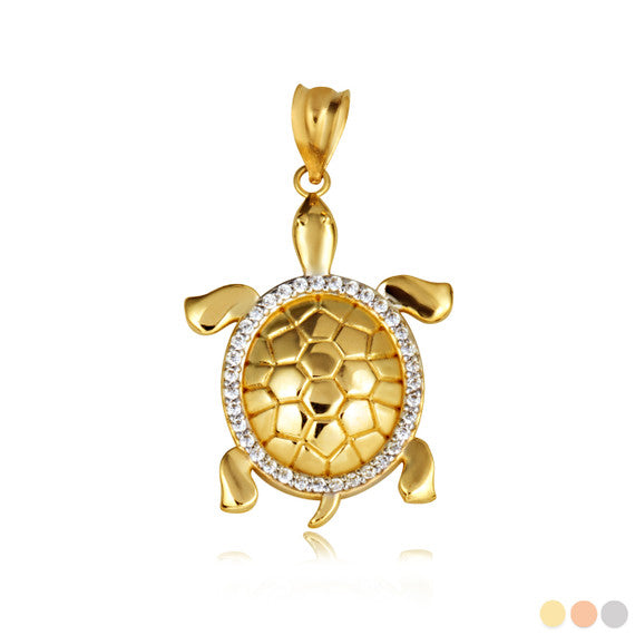 Gold Marine Sea Turtle Diamond Halo Pendant Necklace (Available in Yellow/Rose/White Gold)