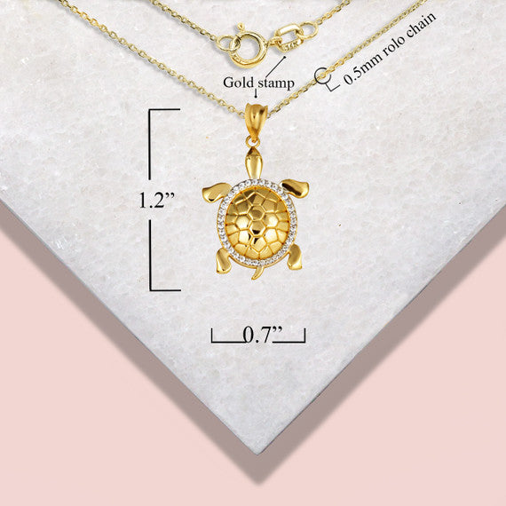 Gold Marine Sea Turtle Diamond Halo Pendant Necklace (Available in Yellow/Rose/White Gold)