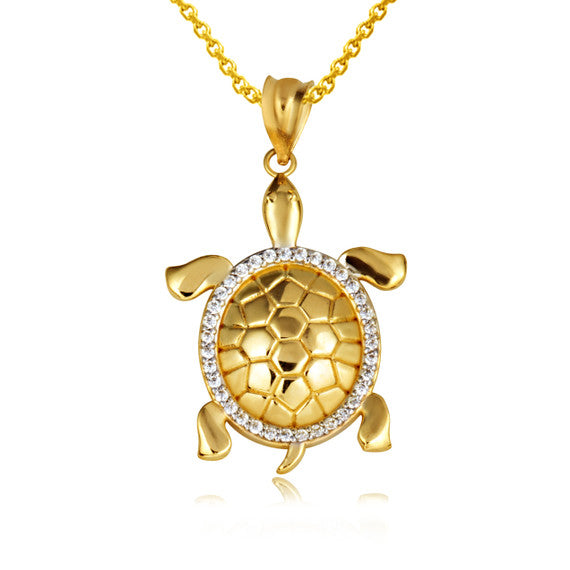 Gold Marine Sea Turtle Diamond Halo Pendant Necklace (Available in Yellow/Rose/White Gold)