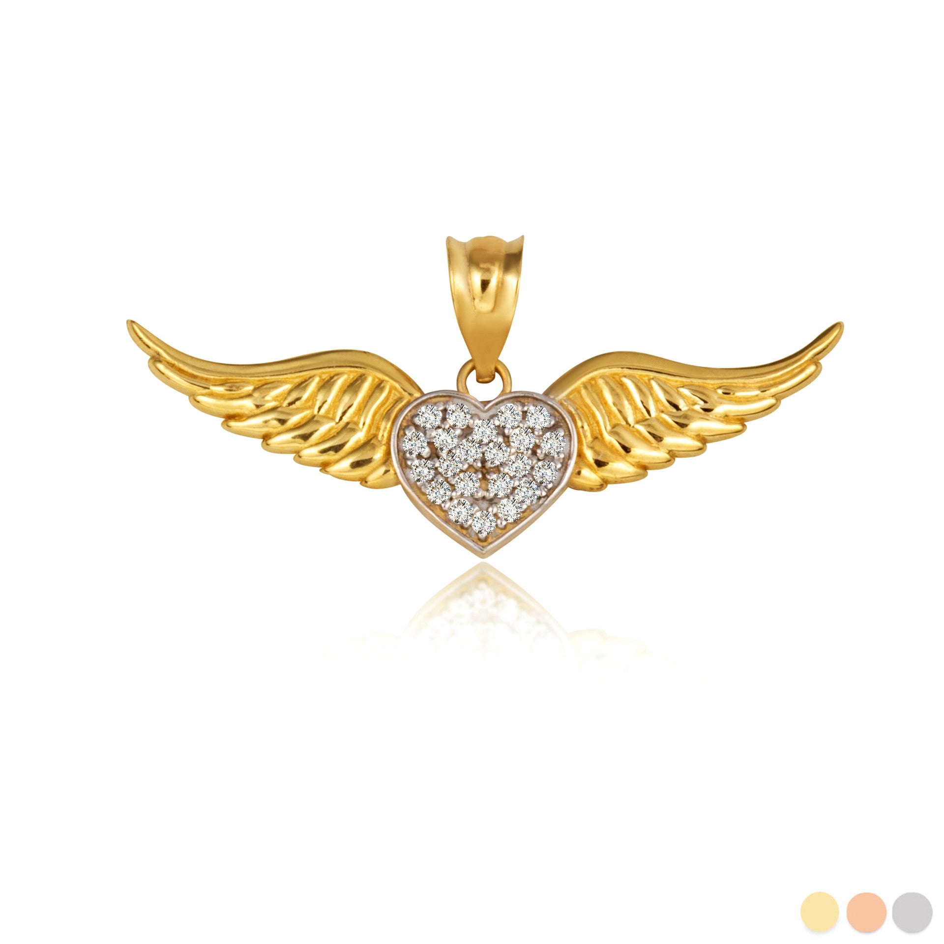 Gold Diamond Studded Winged Heart Pendant Necklace (Available in Yellow/Rose/White Gold)