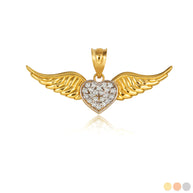 Gold Diamond Studded Winged Heart Pendant Necklace (Available in Yellow/Rose/White Gold)