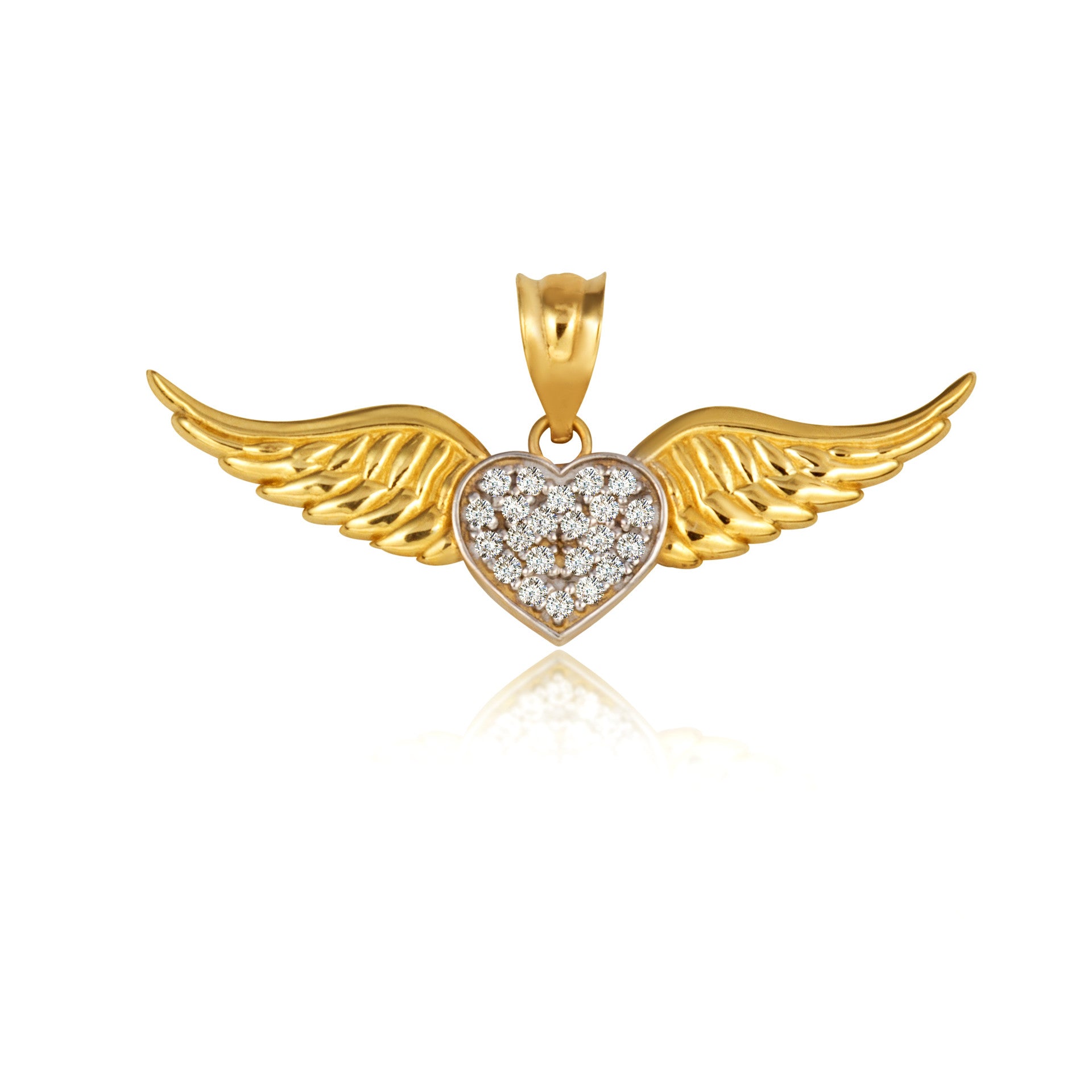 Gold Diamond Studded Winged Heart Pendant Necklace (Available in Yellow/Rose/White Gold)