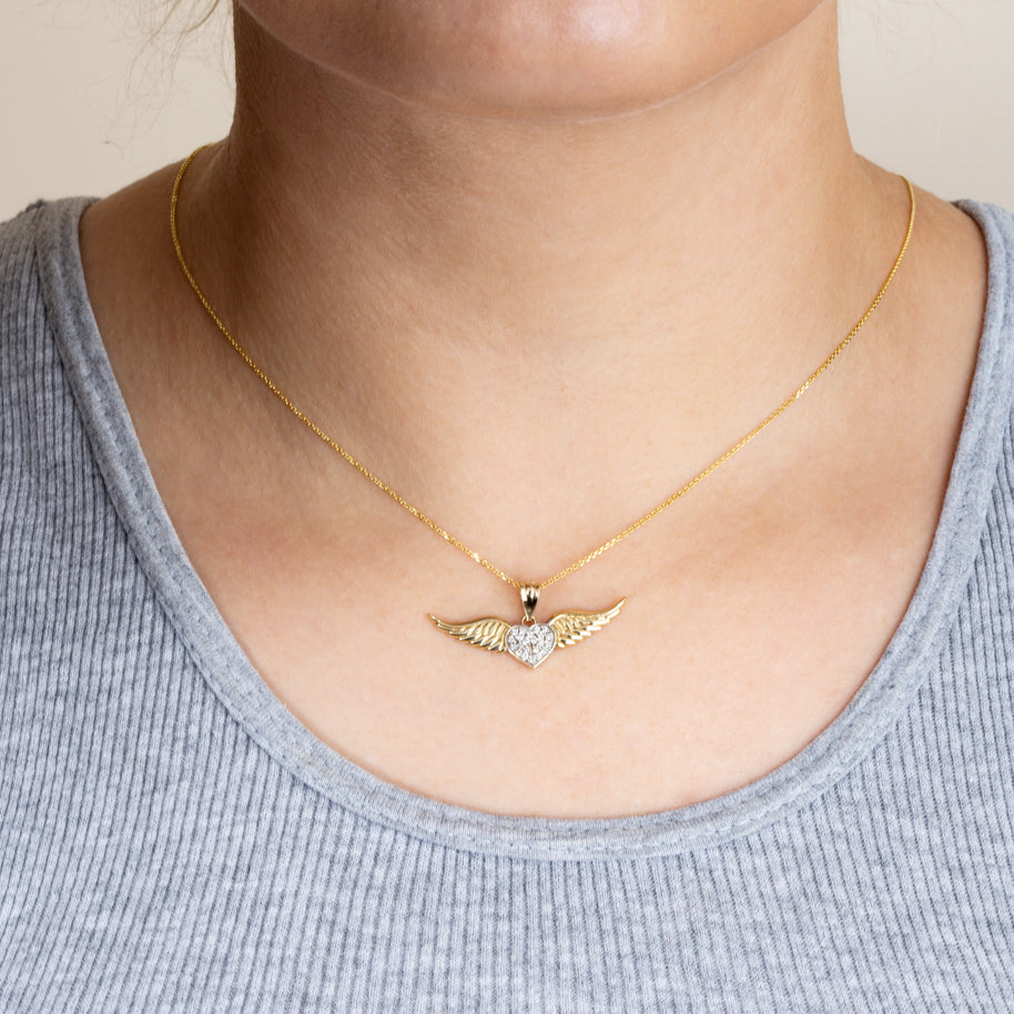 Gold Diamond Studded Winged Heart Pendant Necklace (Available in Yellow/Rose/White Gold)