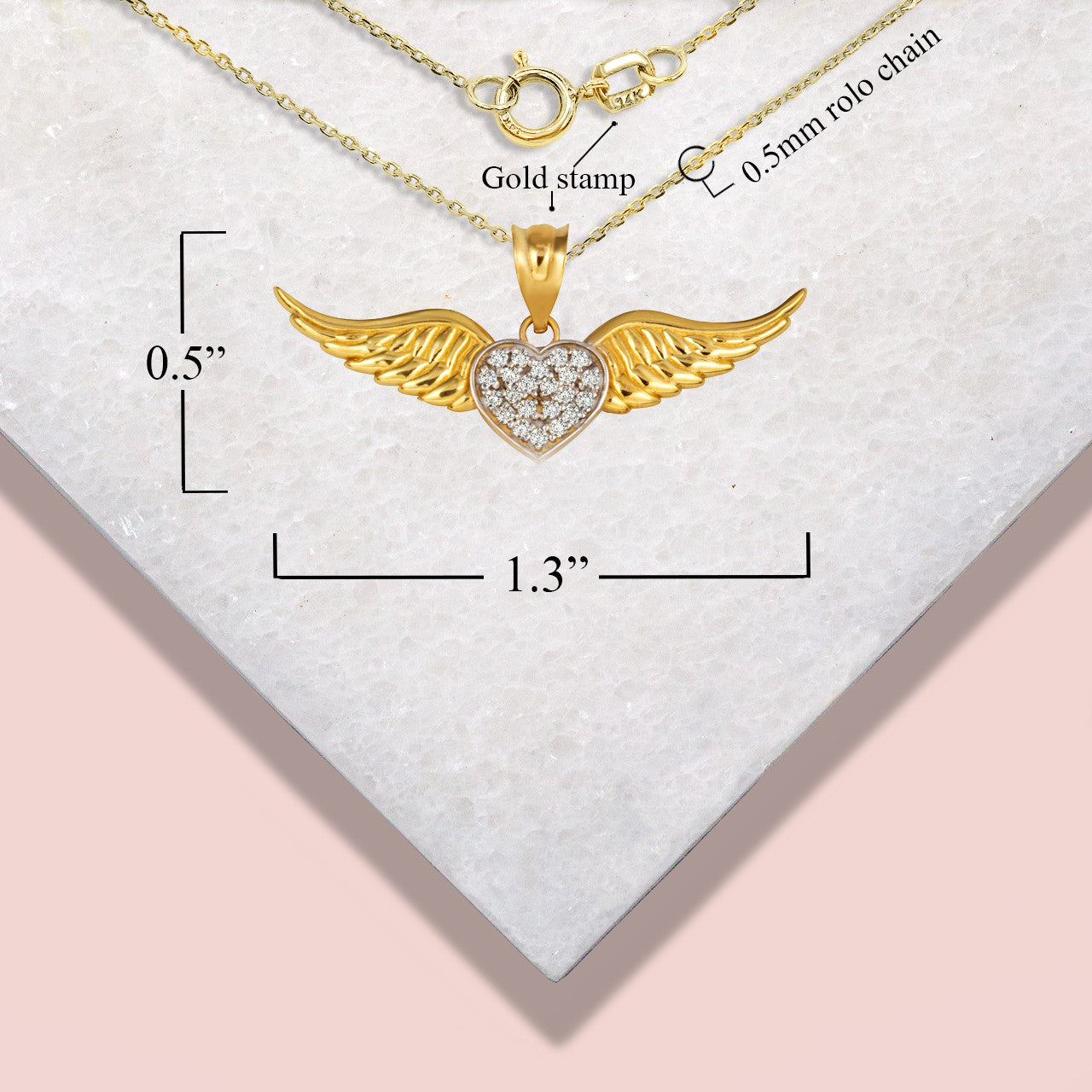Gold Diamond Studded Winged Heart Pendant Necklace (Available in Yellow/Rose/White Gold)