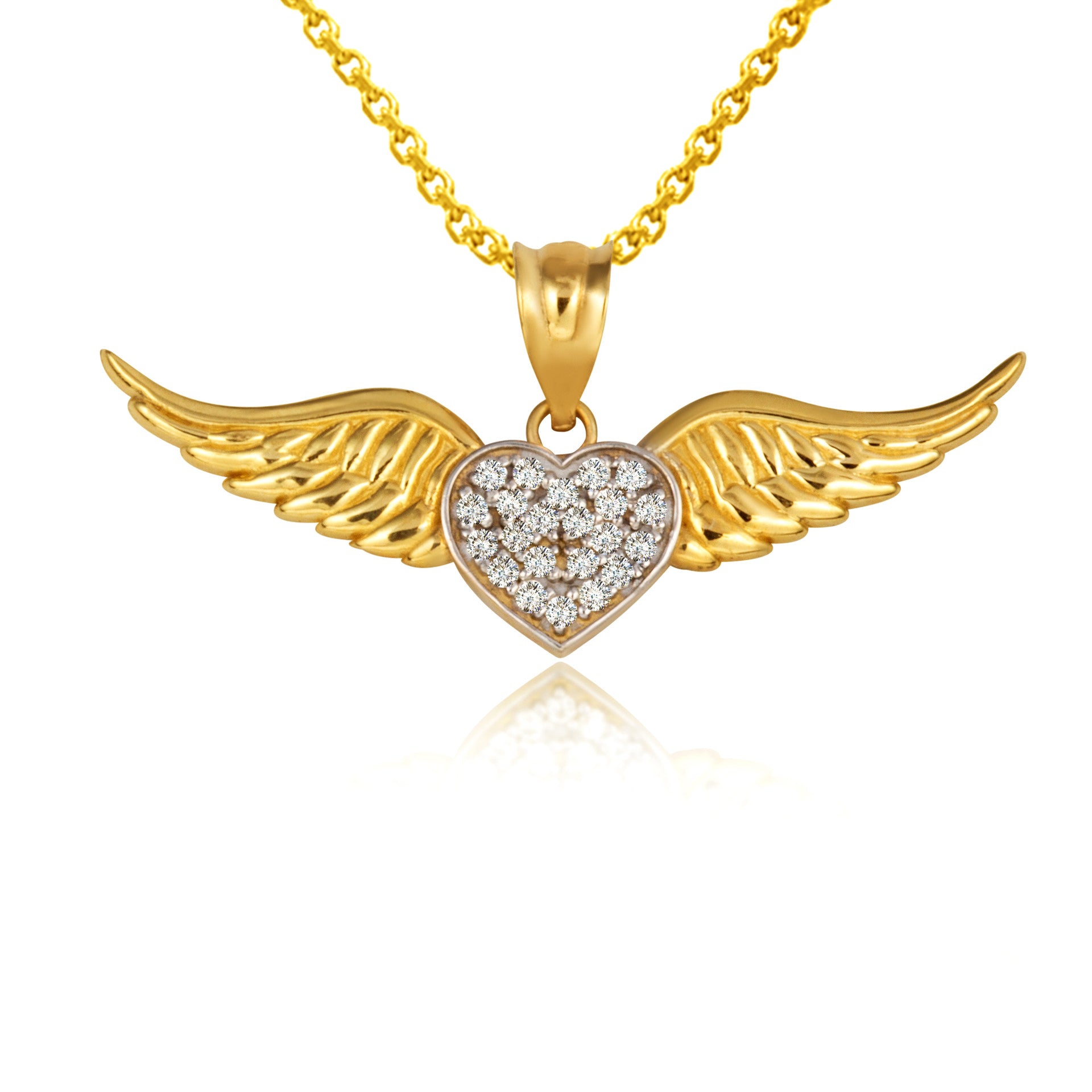 Gold Diamond Studded Winged Heart Pendant Necklace (Available in Yellow/Rose/White Gold)