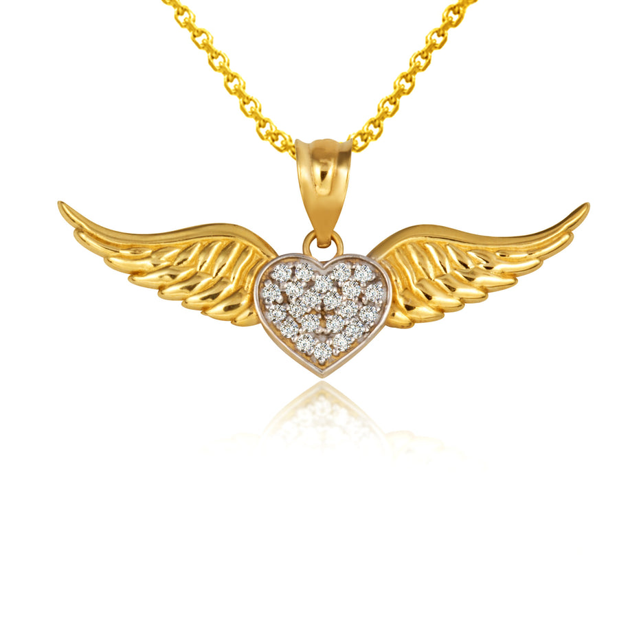 Gold Diamond Studded Winged Heart Pendant Necklace (Available in Yellow/Rose/White Gold)