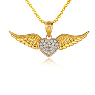 Gold Diamond Studded Winged Heart Pendant Necklace (Available in Yellow/Rose/White Gold)