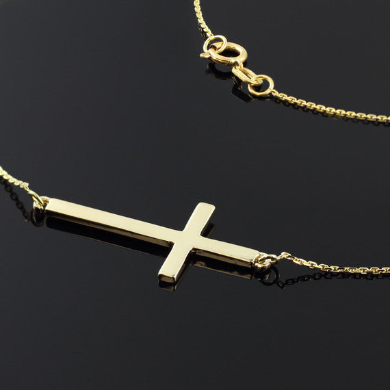 14K Gold Sideways Cross Faith Pendant Necklace(Available in Yellow/Rose/White)