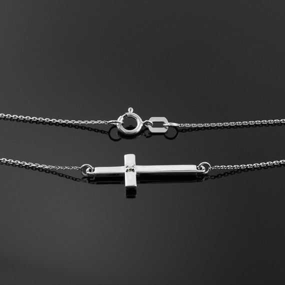 .925 Sterling Silver Diamond Religious Sideways Cross Pendant Necklace