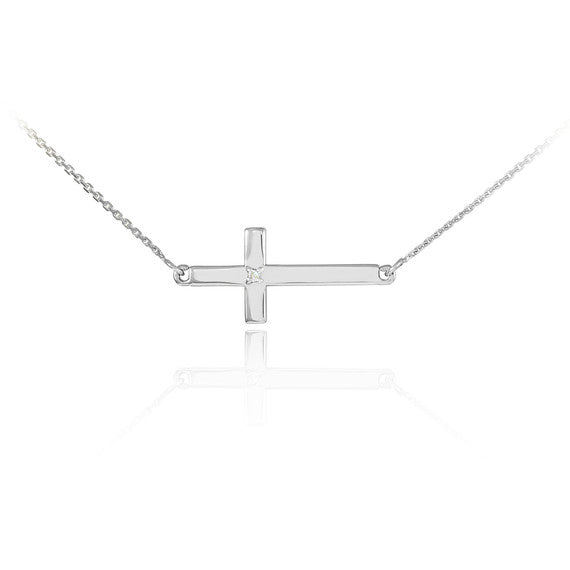 .925 Sterling Silver Diamond Religious Sideways Cross Pendant Necklace