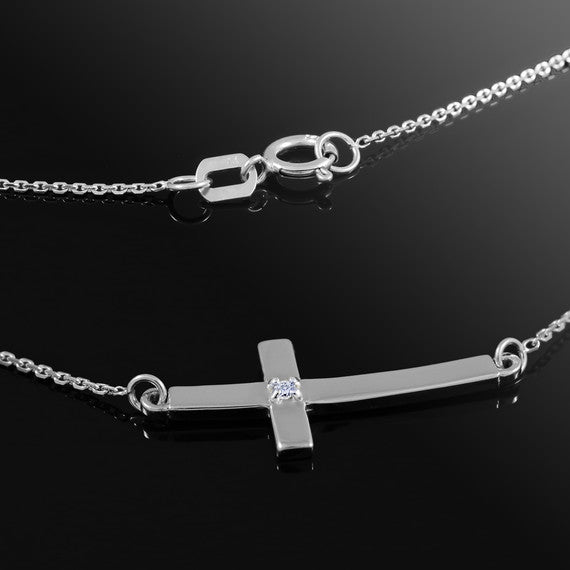 .925 Sterling Silver Diamond Sideways Cross Sacred Pendant Necklace