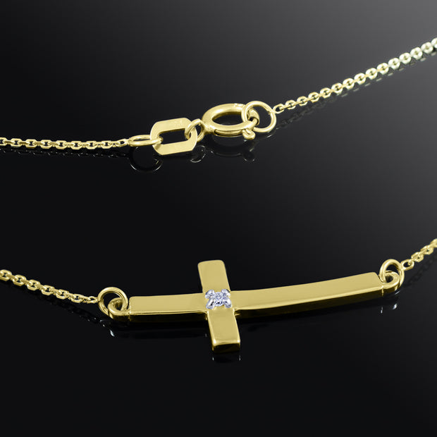 14K Gold Diamond Sideways Cross Sacred Pendant Necklace (Available in Yellow/Rose/White Gold)