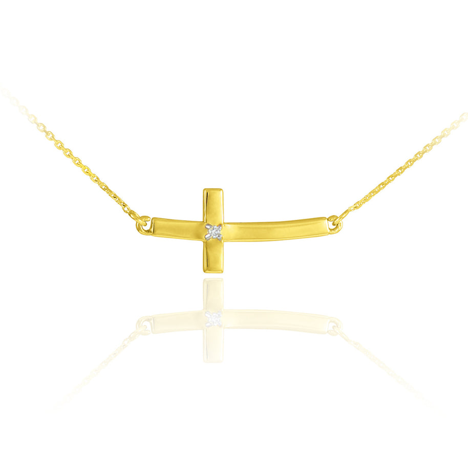 14K Gold Diamond Sideways Cross Sacred Pendant Necklace (Available in Yellow/Rose/White Gold)