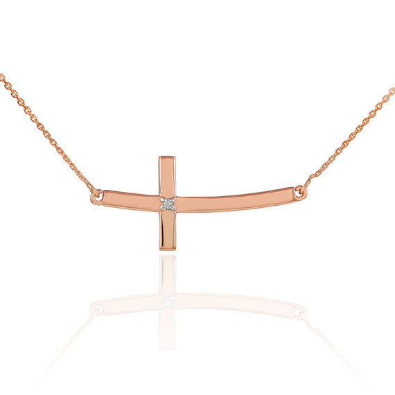 14K Gold Diamond Sideways Cross Pendant Necklace (Available in Yellow/Rose/White Gold)