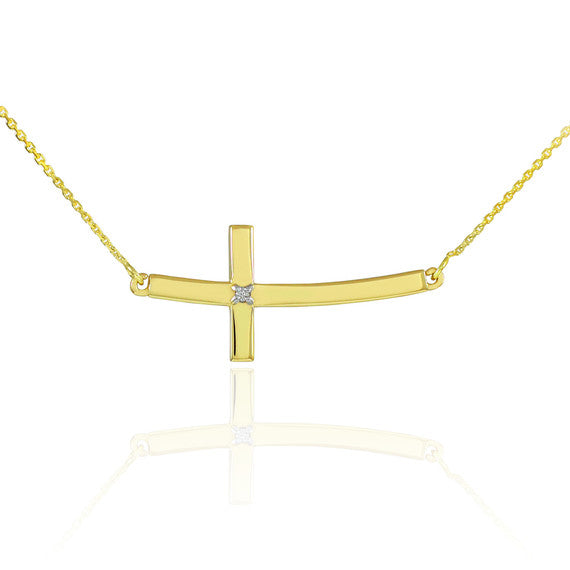 14K Gold Diamond Sideways Cross Pendant Necklace (Available in Yellow/Rose/White Gold)