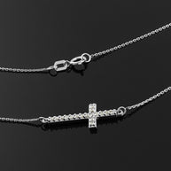 .925 Sterling Silver Cubic Zirconia Sideways Cross Religious Pendant Necklace