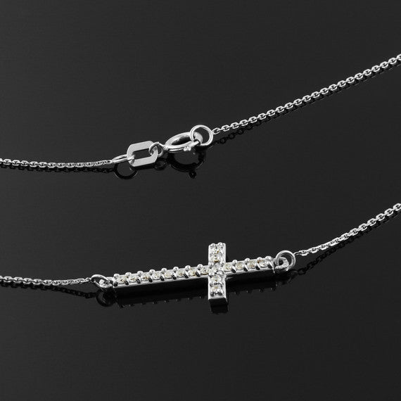 .925 Sterling Silver Cubic Zirconia Sideways Cross Religious Pendant Necklace