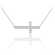 .925 Sterling Silver Cubic Zirconia Sideways Cross Religious Pendant Necklace
