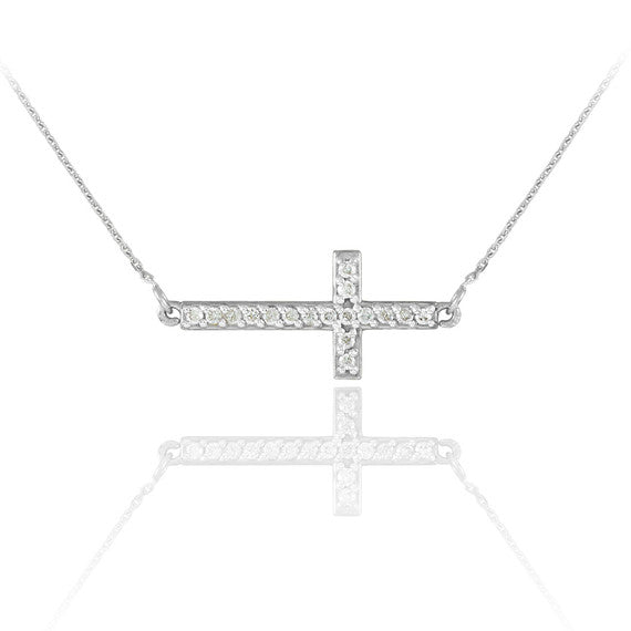 .925 Sterling Silver Cubic Zirconia Sideways Cross Religious Pendant Necklace