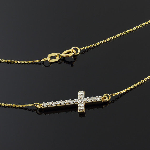 14K Gold Diamond Sideways Cross Religious Pendant Necklace