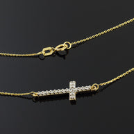14K Gold Diamond Sideways Cross Religious Pendant Necklace