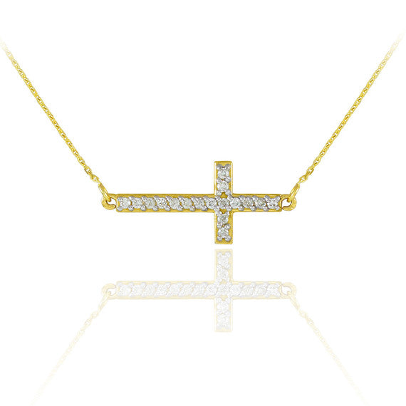 14K Gold Diamond Sideways Cross Religious Pendant Necklace
