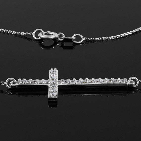 14K White Gold Diamond Studded Sideways Cross Pendant Necklace