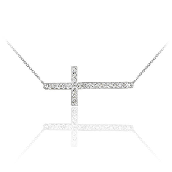 14K White Gold Diamond Studded Sideways Cross Pendant Necklace