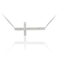 14K White Gold Diamond Studded Sideways Cross Pendant Necklace