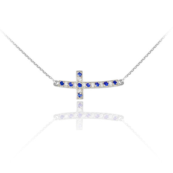 .925 Sterling Silver Sapphire & Clear Birthstone Sideways Cross Pendant Necklace (0.35