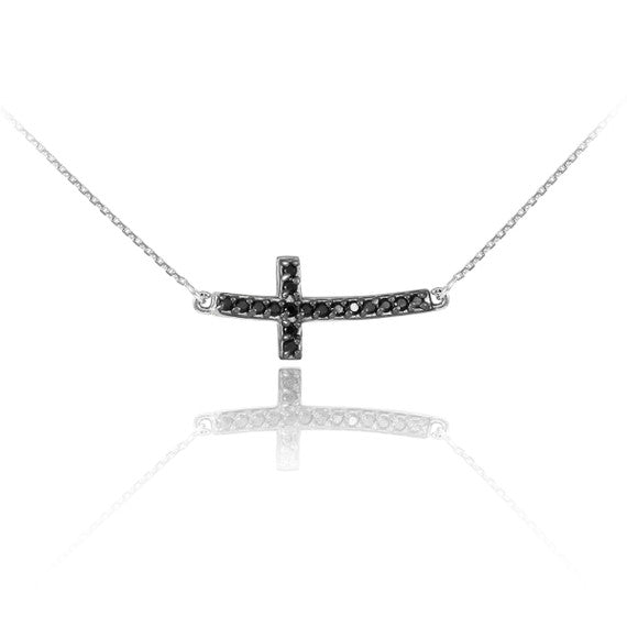 .925 Sterling Silver Black Cubic Zirconia Sideways Cross Pendant Necklace (0.35