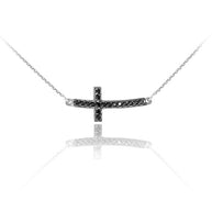 .925 Sterling Silver Black Cubic Zirconia Sideways Cross Pendant Necklace (0.35