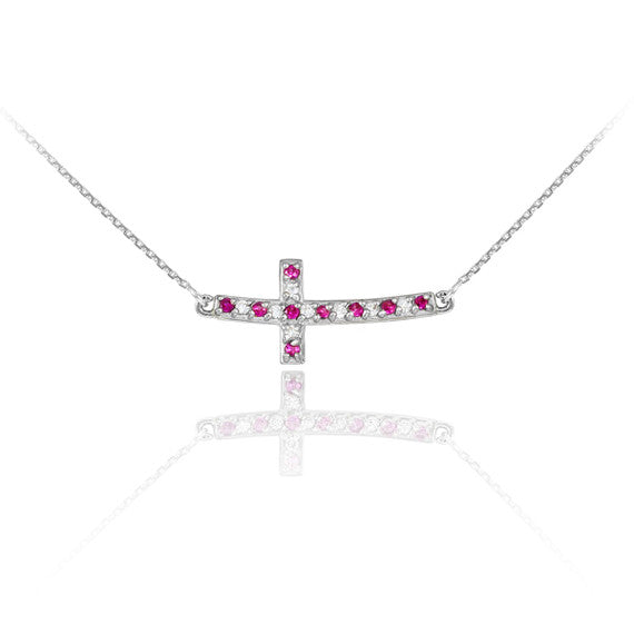 14k White Gold Sideways Diamond and Ruby Curved Cross Necklace (0.35")
