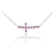 14k White Gold Sideways Diamond and Ruby Curved Cross Necklace (0.35