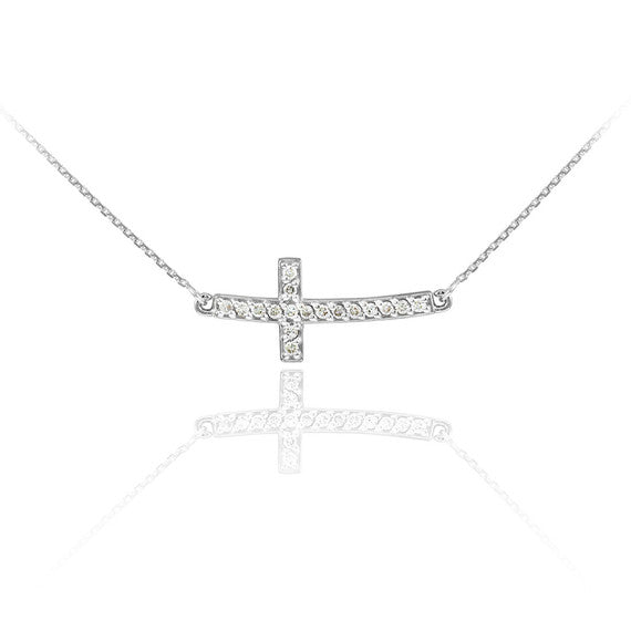 14K Gold Cubic Zirconia Sideways Cross Pendant Necklace (1.25")(Available in Yellow/Rose/White )