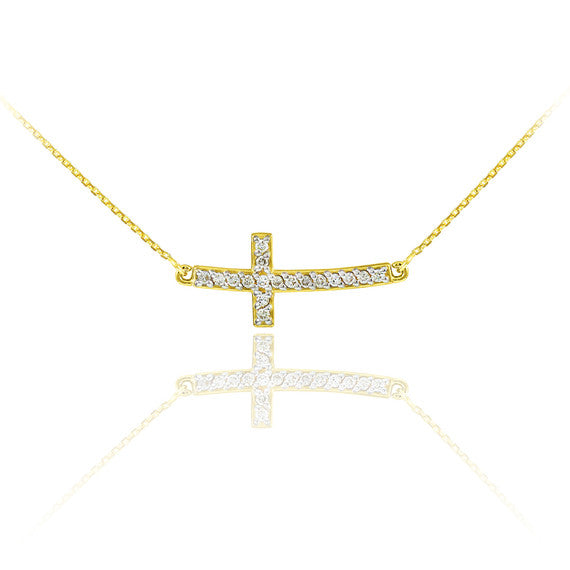 14K Gold Cubic Zirconia Sideways Cross Pendant Necklace (1.25