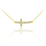 14K Gold Cubic Zirconia Sideways Cross Pendant Necklace (1.25